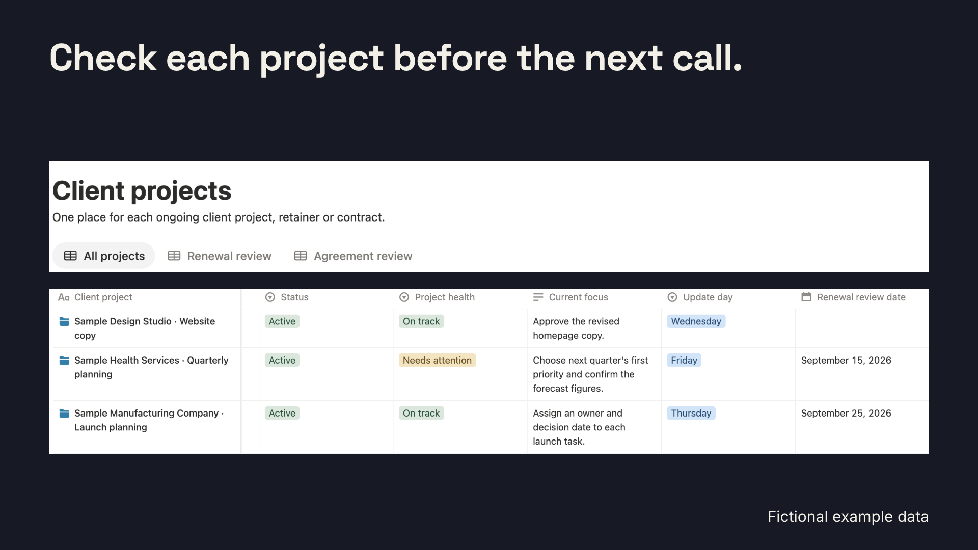 Fictional client projects in Notion with project health, current focus, update day and renewal review date.