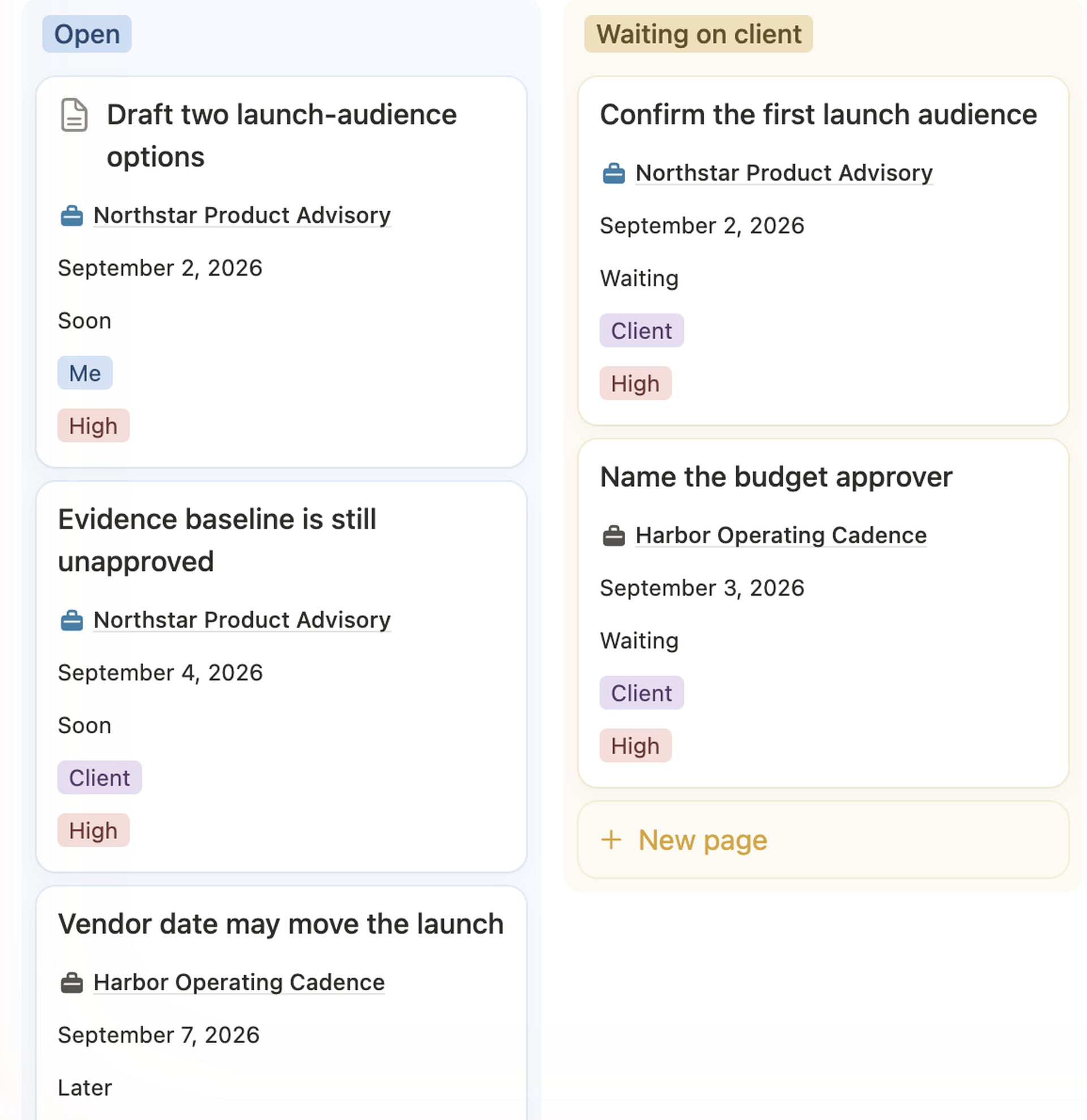 Open work board with Open and Waiting on client columns. Cards show the Client project, Due date and Priority.