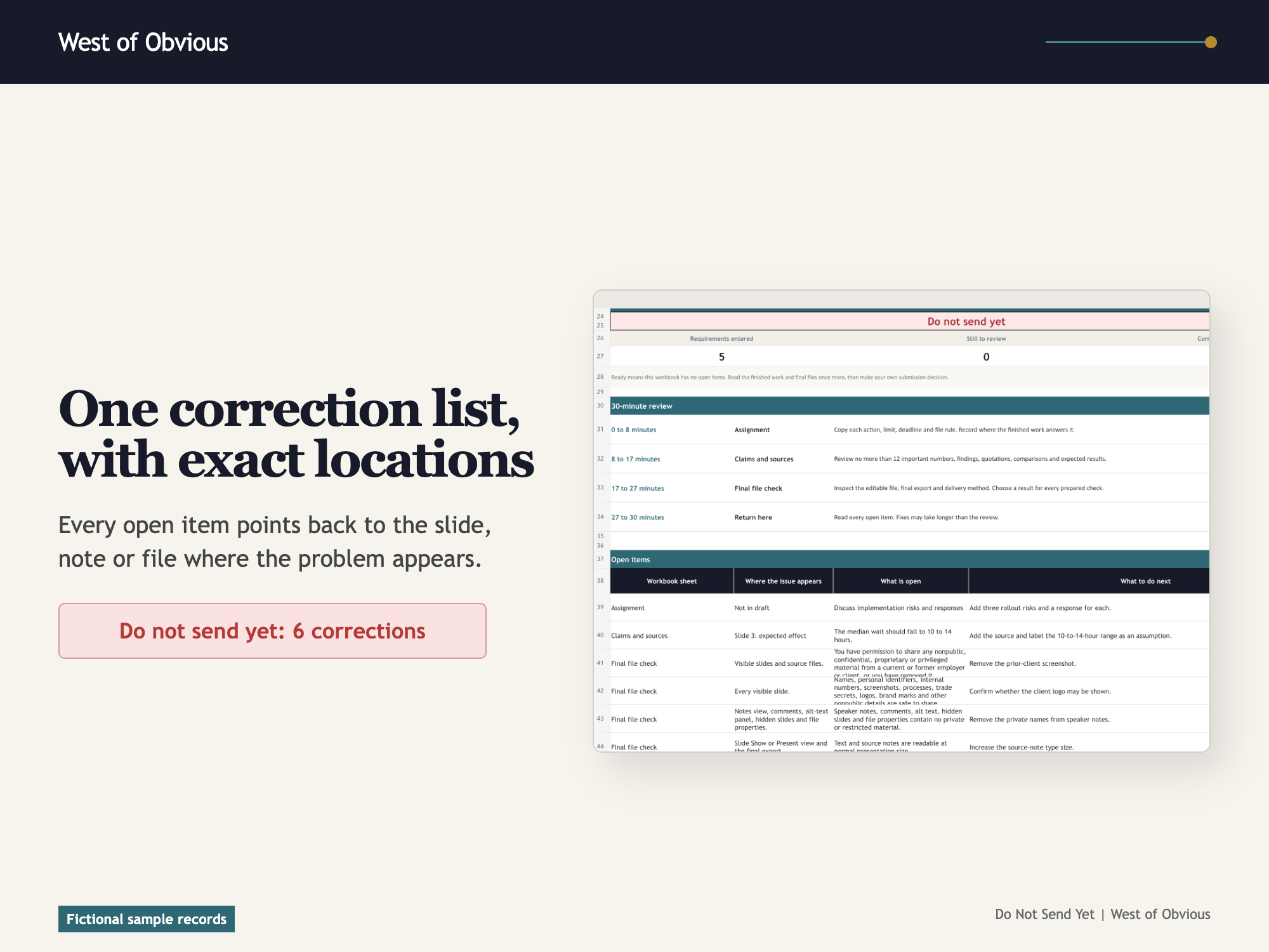 Partial fictional correction list with six issues, their locations and the next action for each.