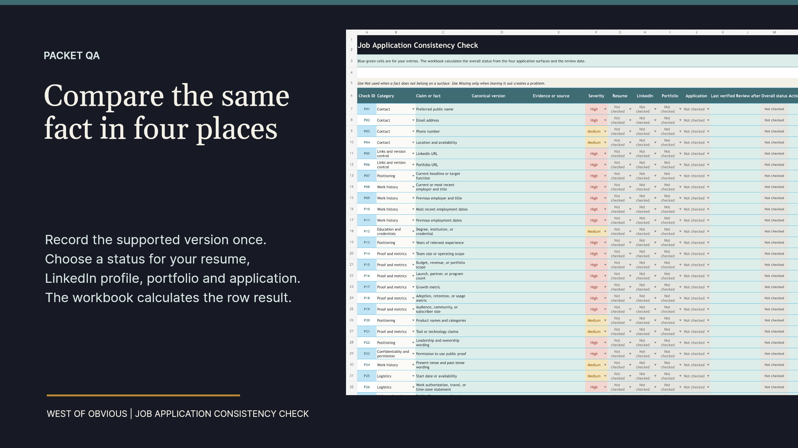 Packet QA preview showing prepared rows for comparing facts across a resume, LinkedIn profile, portfolio and application.