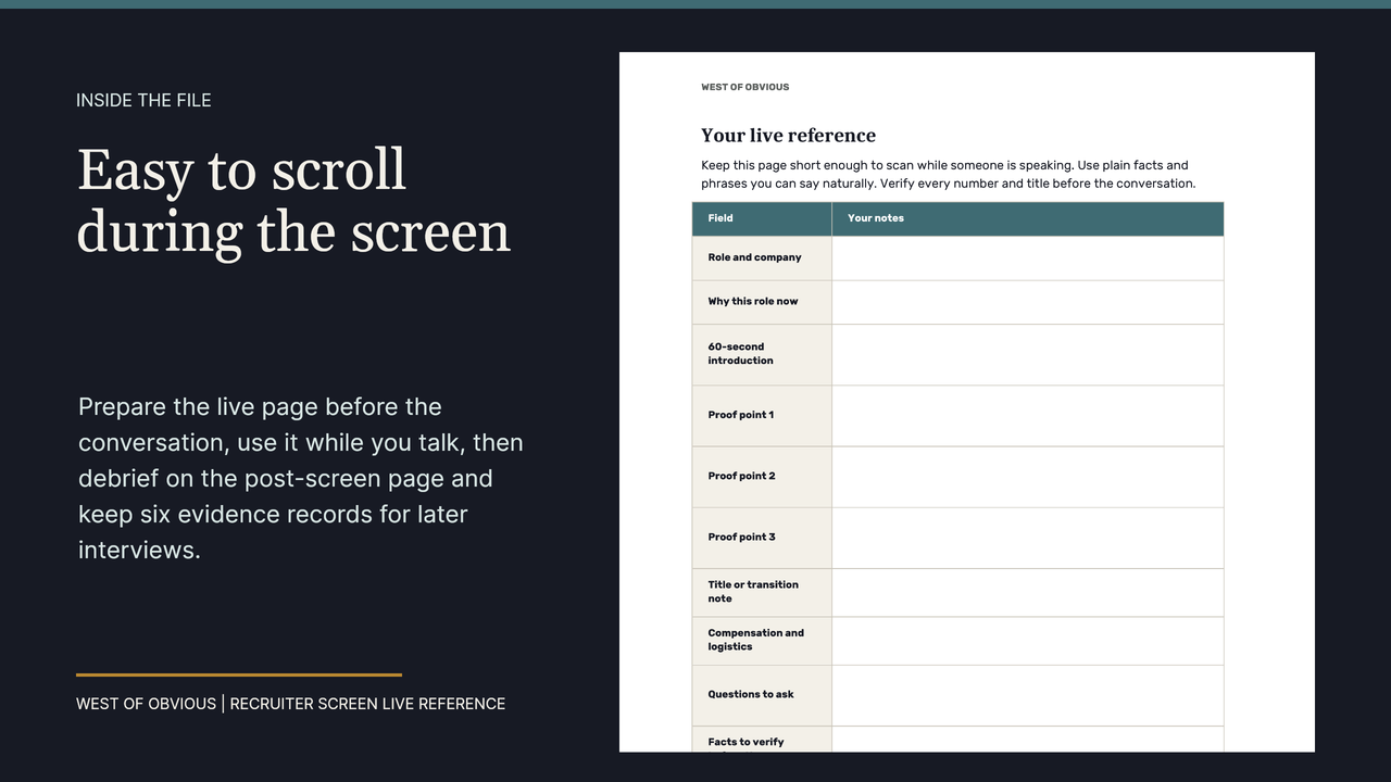Partial view of the fillable recruiter-screen reference page with organized prompts and blank response fields.